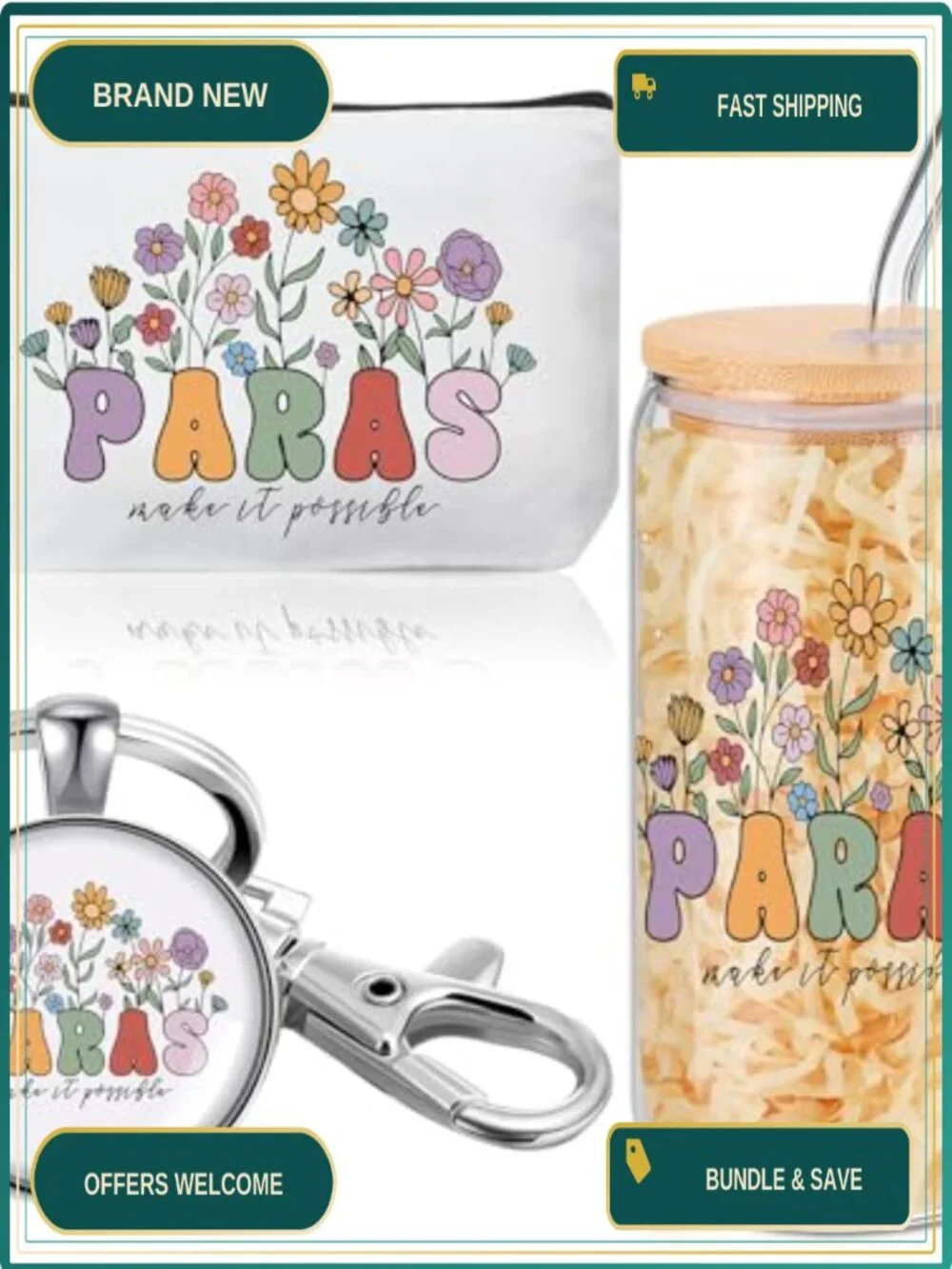 Paraprofessional Gift Set - Canvas Makeup Bag, Glass Cup with Lid & Straw,